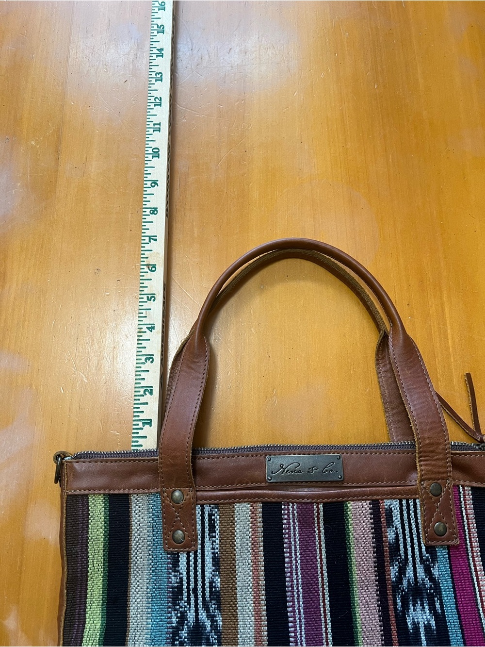 Nena & Co Medium Woven Tote Leather Trim Zip Top Shoulder Strap Dust Bag EUC - Picture 12 of 13